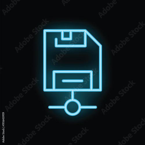 Bright blue neon floppy disk icon is glowing on a dark background, representing the concept of data storage