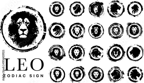 Leo zodiac sign vintage stamp icons set, monochrome lion symbols with grunge ink texture