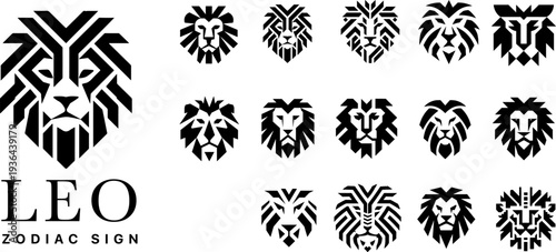 Leo zodiac sign ethnic icons set, monochrome lion head symbols with ancient tribal ornaments