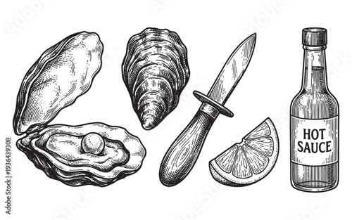 Oyster Set Title. Detailed Engraving of Open Oyster with Pearl, Closed Shells, Knife, Lemon Slice, and Sauce Jar