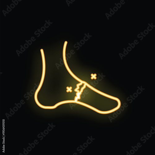 Glowing neon icon of a human foot with broken bones, symbolizing a fracture