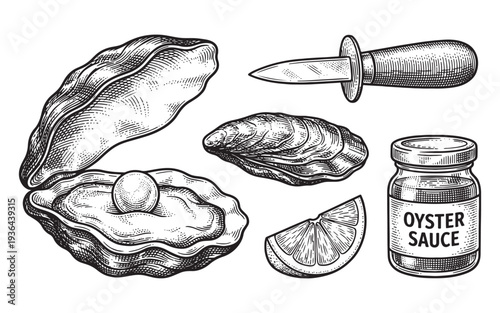 Oyster Set Title. Detailed Engraving of Open Oyster with Pearl, Closed Shells, Knife, Lemon Slice, and Sauce Jar