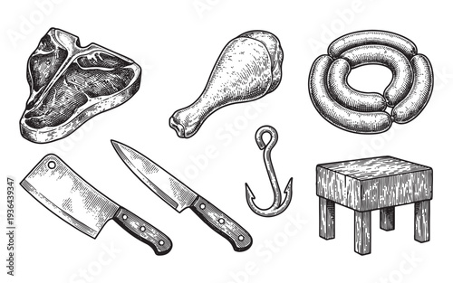 Engraved Collection of T-Bone Steak, Chicken Drumstick, Sausages, Butcher Knives, and Stool
