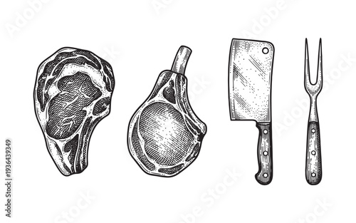 Lamb Chops and Tools Detailed Engraving of Prime Meat Chops, Butcher Cleaver, and Carving Fork