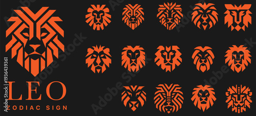 Leo zodiac sign ethnic icons set, monochrome lion head symbols with ancient tribal ornaments