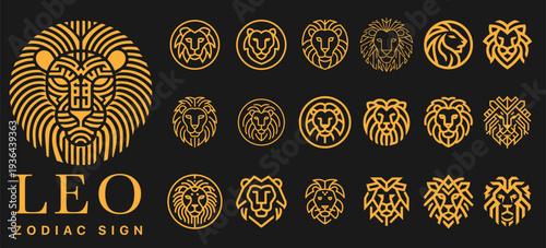 Leo zodiac sign ethnic icons set, monochrome lion head symbols with ancient tribal ornaments