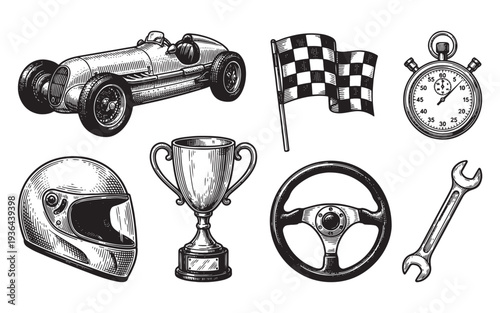 set of motorsport racing elements including a racecar, helmet, and trophy engraving vector illustration