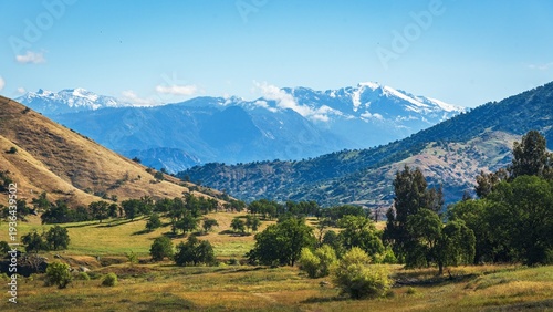 Snow-capped Sierra Nevada peaks rise above rolling California foothills dotted with oak trees and open grassland under a clear blue sky.