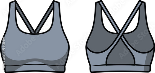 Sports bra vector illustration, front and back view, women athletic activewear top design isolated on white background