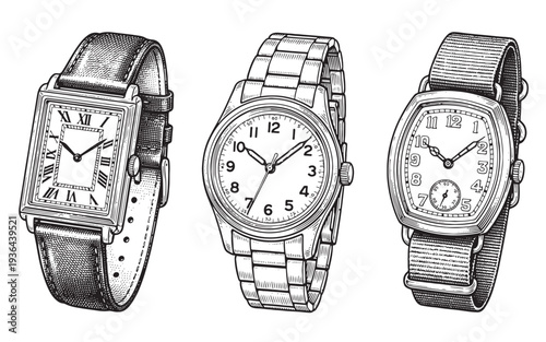 set of three classic wristwatches with leather and metal bands engraving vector illustration