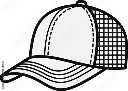 Trucker cap vector illustration, mesh back baseball hat design, casual snapback style outline drawing isolated on white background