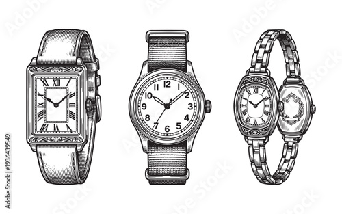 set of three classic wristwatches with leather and metal bands engraving vector illustration
