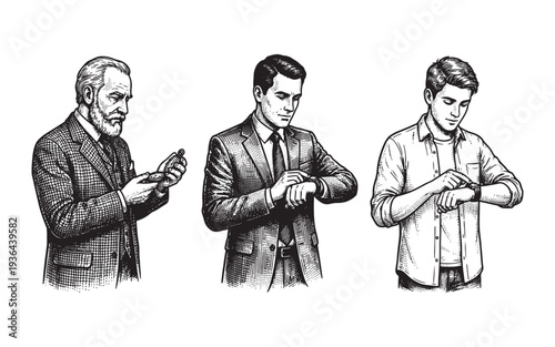 three men from different generations checking the time on their watches engraving vector illustration