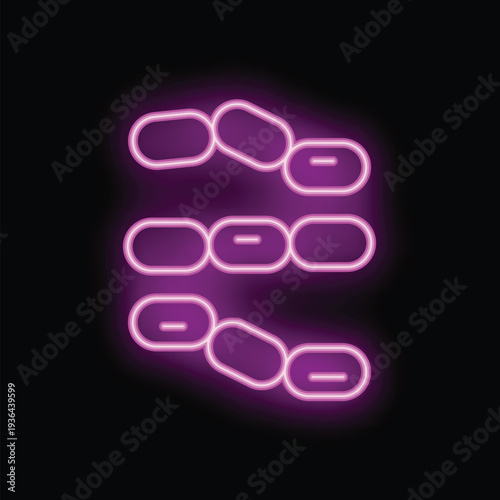 Neon purple icon of streptococcus bacteria glowing on a black background