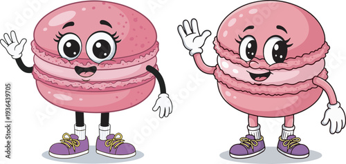 Cute Pink Macaron Cartoon Character Waving Hand Vector Illustration Set for Bakery Branding, Kids Menus, or Sweet Shop Marketing