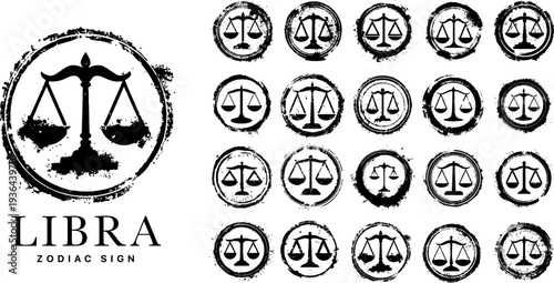 Libra zodiac sign vintage stamp icons set, monochrome scales symbols with grunge ink texture