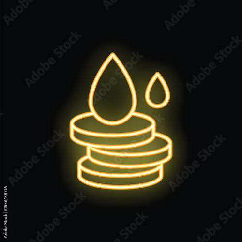 Yellow neon glowing icon of water drops falling on a stack of coins on a black background, representing the concept of passive income