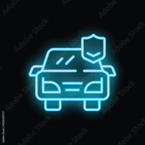 Blue neon icon of a car insurance policy approving coverage for a vehicle