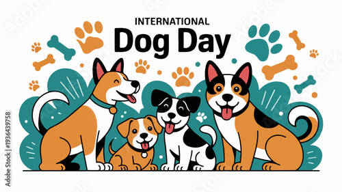 Three dogs sitting together on international dog day with bones and paw prints around them