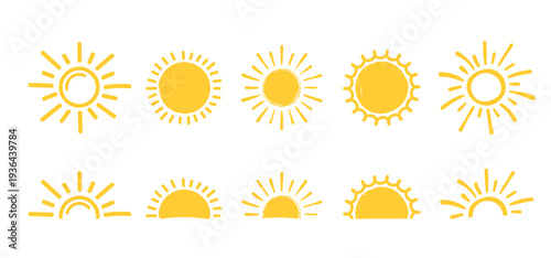 Set of hand drawn yellow sun illustrations, full and half sun designs