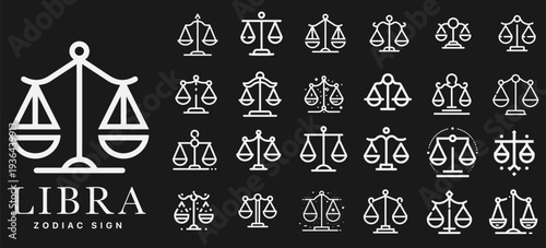 Libra zodiac sign line art icons set, minimalist scales astrology symbols with modern outline