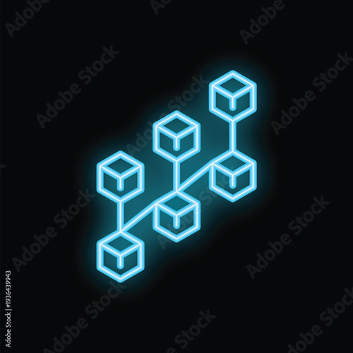 Blue neon blockchain icon glowing on dark background representing cryptocurrency and distributed ledger technology concept