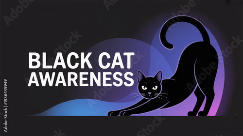 Black cat stretching with awareness text on purple background symbolizing pet adoption and care