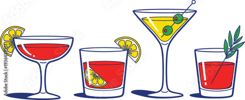 Colorful Cocktail Set Illustration, Hand Drawn Alcoholic Drinks with Lemon, Olive Garnish in Martini and Glasses Isolated on White