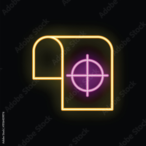 Neon sign representing targeting marketing with a crosshair on a document on a black background