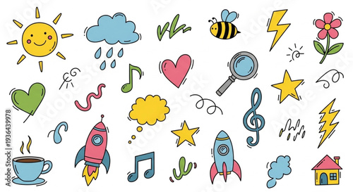 Colorful Hand Drawn Icons Set.