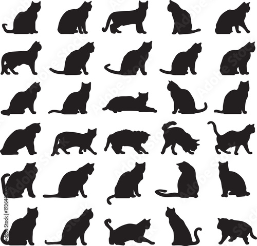 Collection of stylized black silhouettes of cats in various dynamic poses
