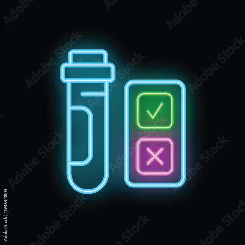 Glowing neon icon of a medical test tube with check mark and cross mark symbols, representing positive and negative test results