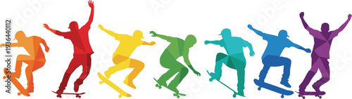 WebColorful, skateboarder, silhouettes, action, extreme, sport, youth, skateboarding, tricks, urban, lifestyle, dynamic, motion, skateboard, rider, stunt, street, activity, recreation, illustration