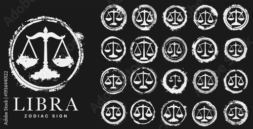 Libra zodiac sign vintage stamp icons set, monochrome scales symbols with grunge ink texture