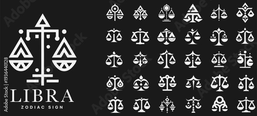 Libra zodiac sign ethnic icons set, monochrome scales symbols with ancient tribal ornaments