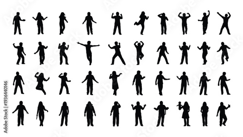 A collection of 35 black silhouettes of people in various dance poses