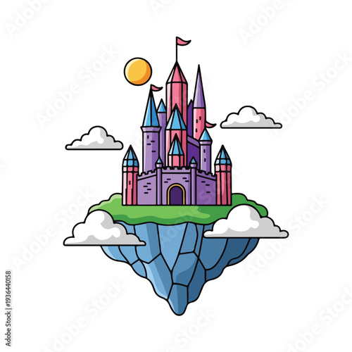 Floating fantasy castle in line art vector style on a cliff surrounded by clouds and sun
