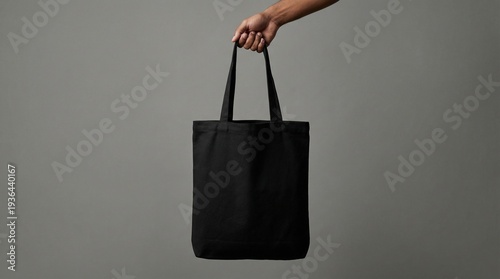 Hand holding blank black canvas tote bag mockup on dark grey background