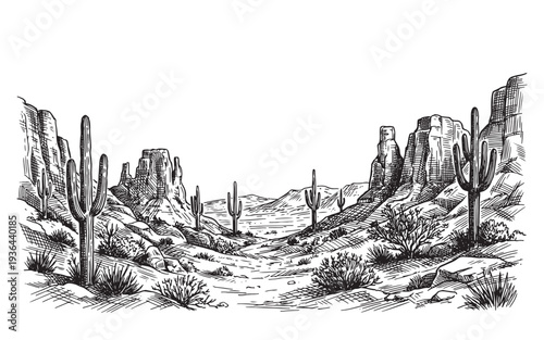 wild west desert landscape with saguaro cacti and mountains engraving vector illustration
