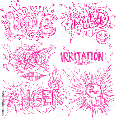Hand drawn emotion word and typography set. Love anger mad and irritation text with fist and fire in messy doodle sketch style. Psychology feeling editable vector art.