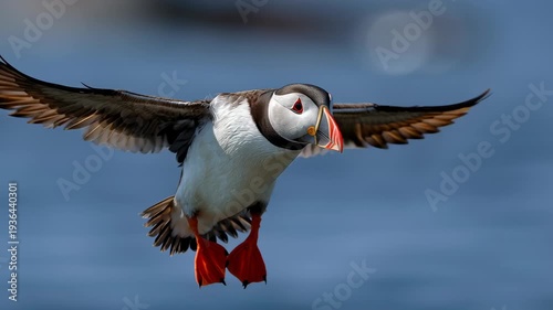Atlantic puffins dive gracefully through the crisp ocean air, their colorful beaks shining against the blue backdrop. Watch as they navigate the waves in search of fish, embodying nature's beauty