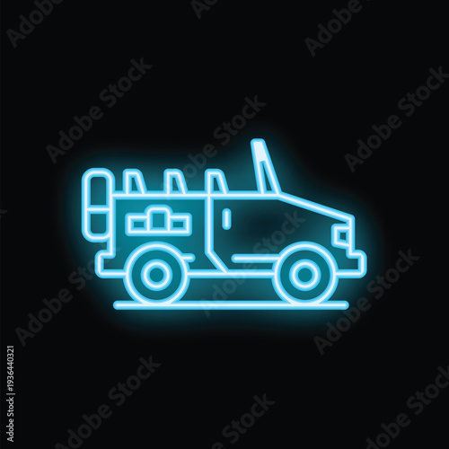 Blue neon icon of a military vehicle glowing on a dark background