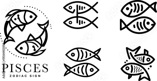 Pisces zodiac sign line art icons set, minimalist two fish astrology symbols with modern outline