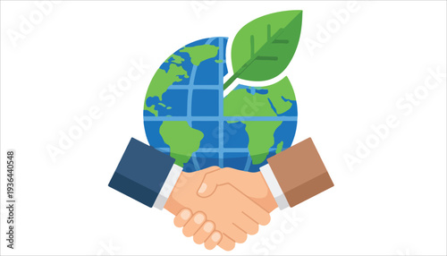 Two hands shaking in front of a globe with a green leaf, symbolizing global environmental partnership and sustainable business collaboration.