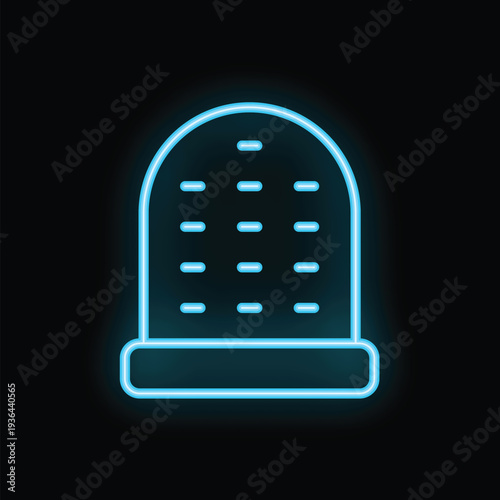 Blue neon thimble icon glowing on a black background, representing sewing and tailoring