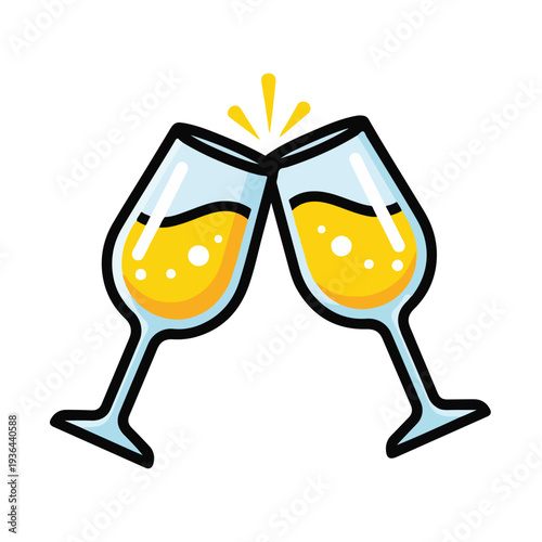 Line art vector illustration of champagne glasses clinking in celebration
