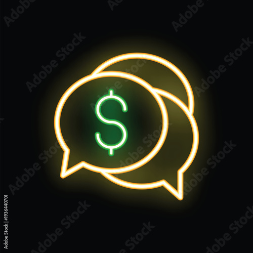 Neon sign of speech bubbles surrounding a dollar sign, representing financial conversations