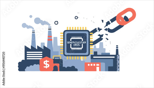 Illustration of semiconductor chip at the heart of industrial factories with broken supply chain and economic implications.
