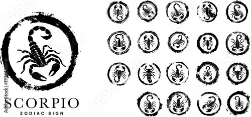 Scorpio zodiac sign vintage stamp icons set, monochrome scorpion symbols with grunge ink texture