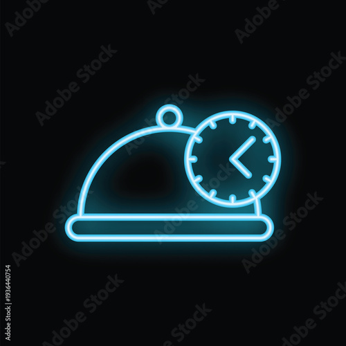 Blue neon sign of a cloche with a clock showing time passing, perfect for representing a concept related to food delivery or a countdown